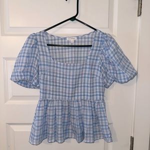 NWOT Blu Pepper Blue puff sleeve gingham top